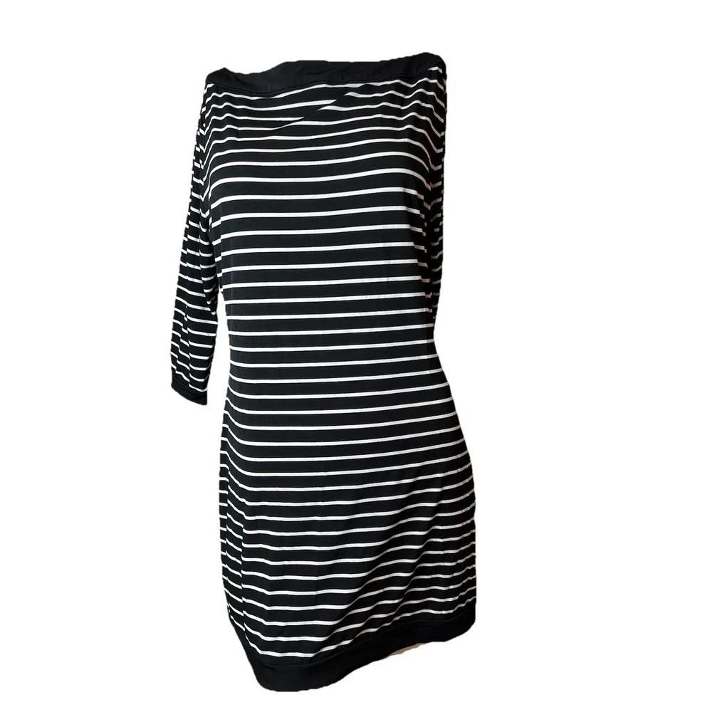 White House Black Market Tunic Dress L Black White Stripes Boat Coastal 3/4 Slv